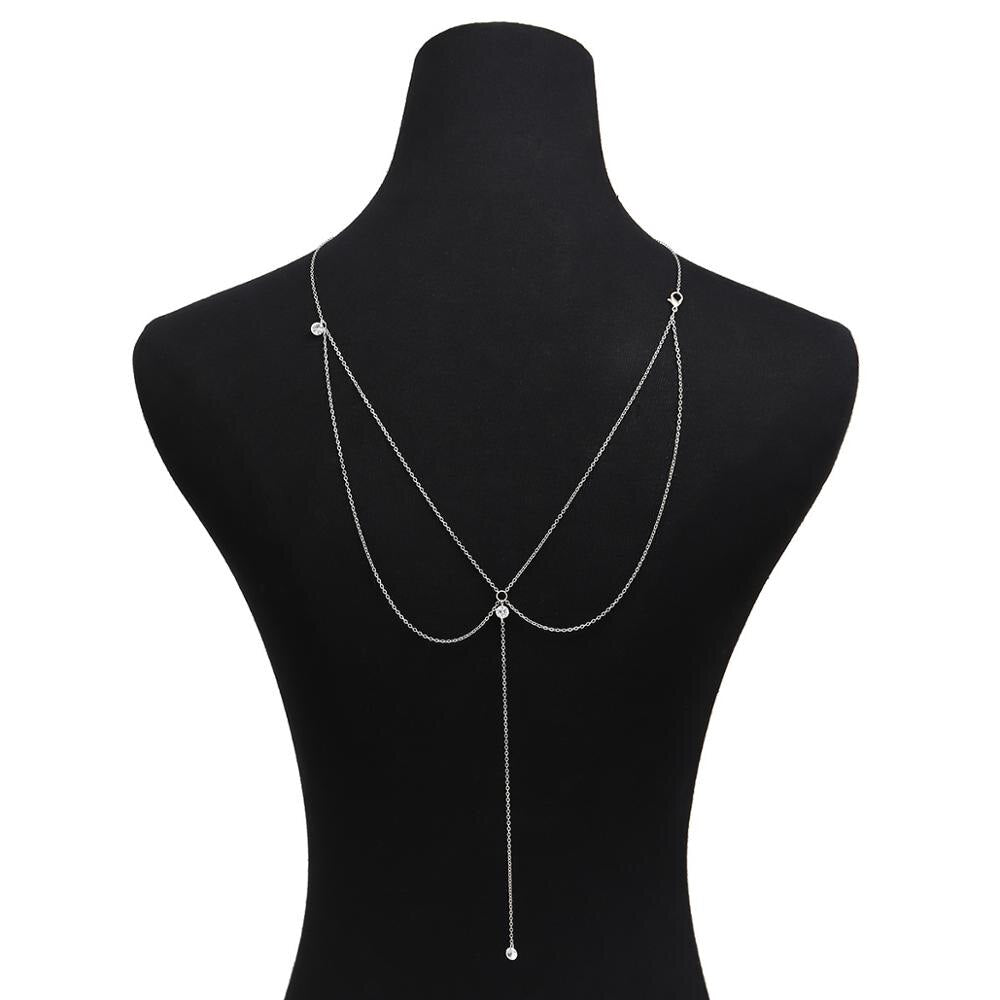 Women Long Necklace Body Sexy Chain Bare Back Gold Silver Color Crystal Pendant Chain Necklace Backdrop Beach Body jewelry