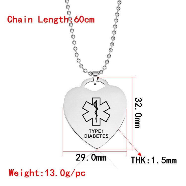 Women Men Necklace Heart Dog Tag Pendant for Medical Alert ID Necklaces ICE SOS Jewelry EPILEPSY DIABETIC