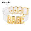 Women Men Unisex Custom Handmade Letter Choker Necklace Kawaii Punk Goth BDSM Collar Gold Metal Transparent Leather BABE Choker