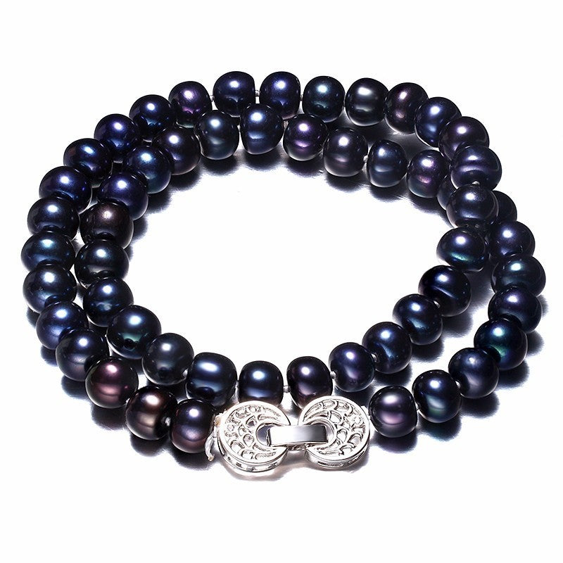 Women Natural Black Freshwater Pearl Jewelry Necklace,925 Sterling Silver Necklace,9-10mm Beads Jewelry,Life Tree Buckle