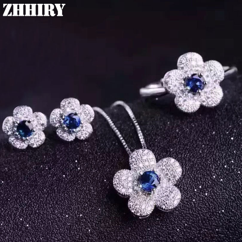 Women Natural Sapphire Gem Stone Jewelry Set Genuine 925 Sterling Silver Necklace Pendant Earrings Ring Flowers