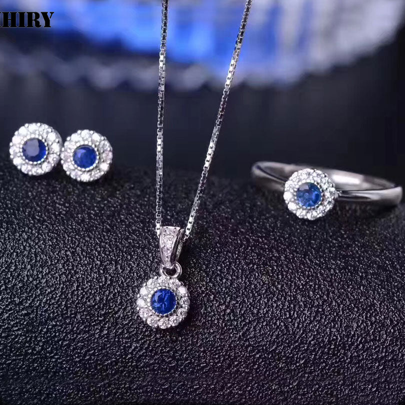 Women Natural Sapphire Gemstone Jewelry Set Genuine 925 Sterling Silver Necklace Pendant Earrings Ring