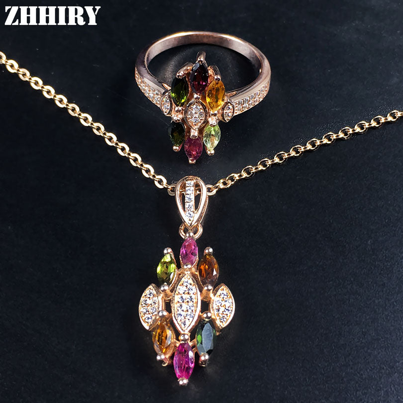 Women Natural Tourmaline Stone Sets Real Solid 925 Sterling Silver Jewelry Set Girl Gem Ring Necklace Pendant