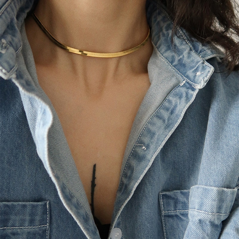 Women Necklace Gold Blade Chain on Neck Choker Necklace Women Sexy Flat Snake Chain Jewelry Gift Clavicle Chocker Necklaces Hot