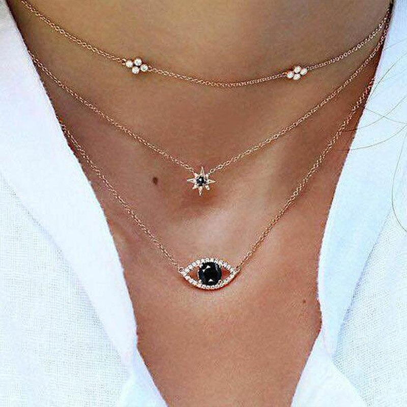 Women Necklace Multi Layered Evil Eye Female Party Necklace Star Silver Color Necklace Alloy Gift Jewelry