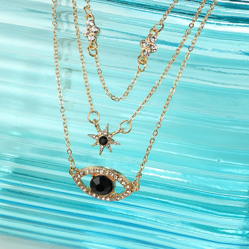 Women Necklace Multi Layered Evil Eye Female Party Necklace Star Silver Color Necklace Alloy Gift Jewelry