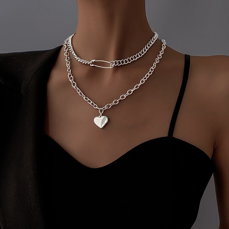 Women Necklaces Set Retro Double Choker Pin Heart Pendant Clavicle Chain Silver Color Necklace Birthday Party Jewelry