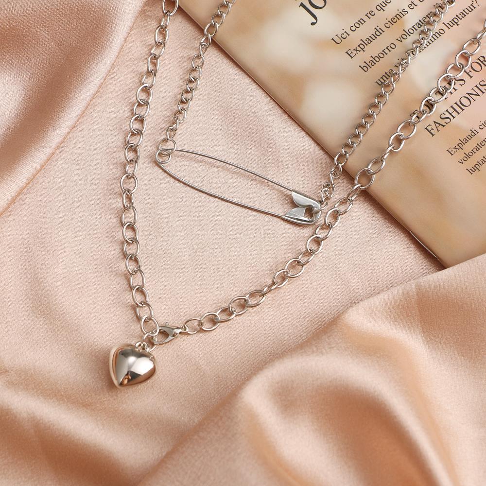 Women Necklaces Set Retro Double Choker Pin Heart Pendant Clavicle Chain Silver Color Necklace Birthday Party Jewelry