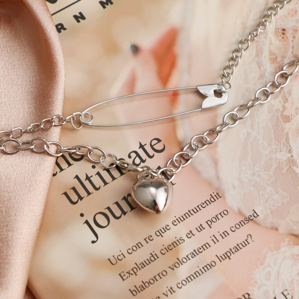 Women Necklaces Set Retro Double Choker Pin Heart Pendant Clavicle Chain Silver Color Necklace Birthday Party Jewelry