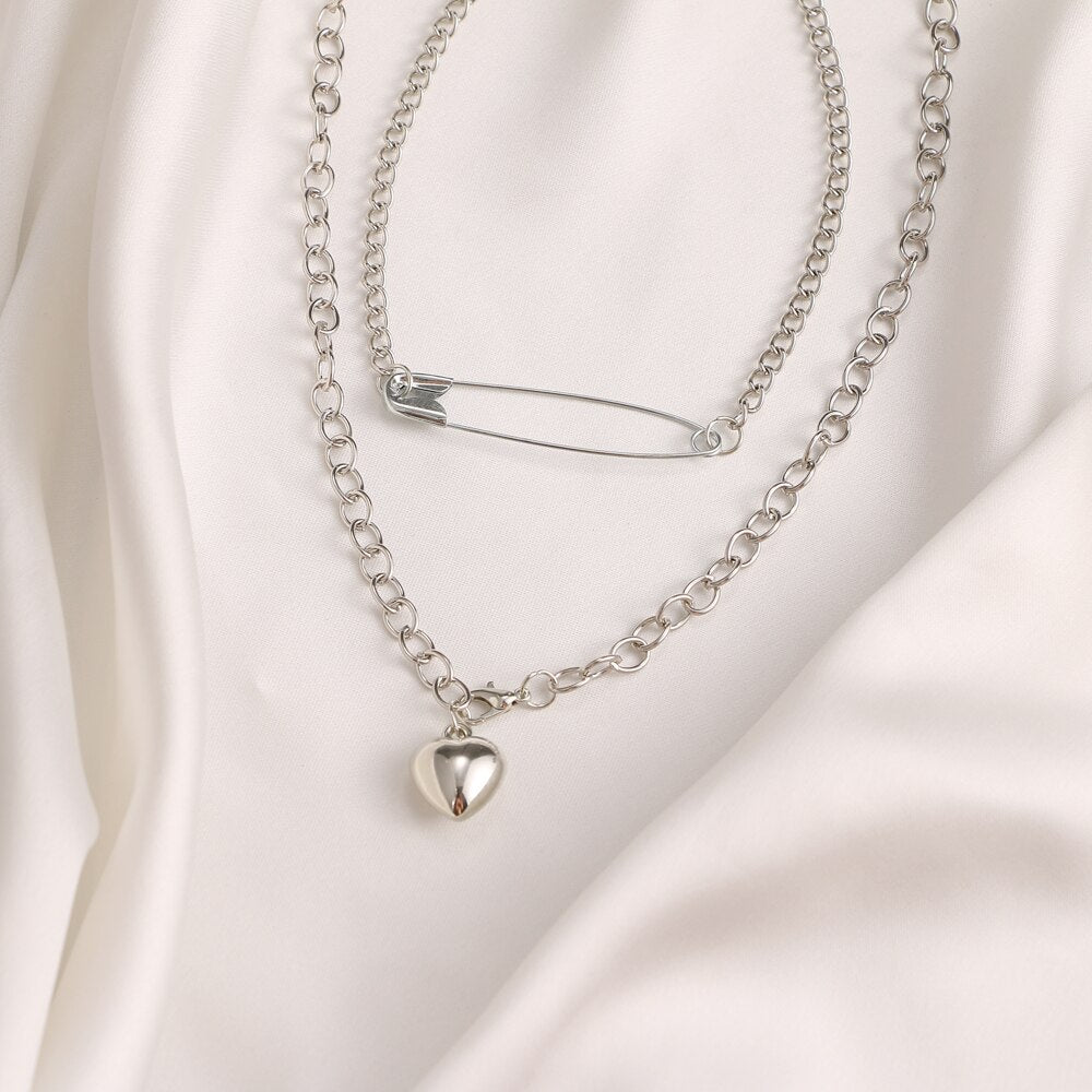 Women Necklaces Set Retro Double Choker Pin Heart Pendant Clavicle Chain Silver Color Necklace Birthday Party Jewelry