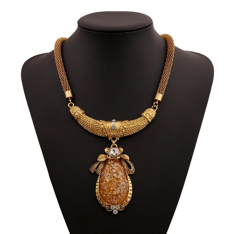 Women Orange Crystal Rhinestone Oval Pattern Pendant Necklace Bohemian Antique Jewelry Vintage Turkish Indian Ethnic Necklaces