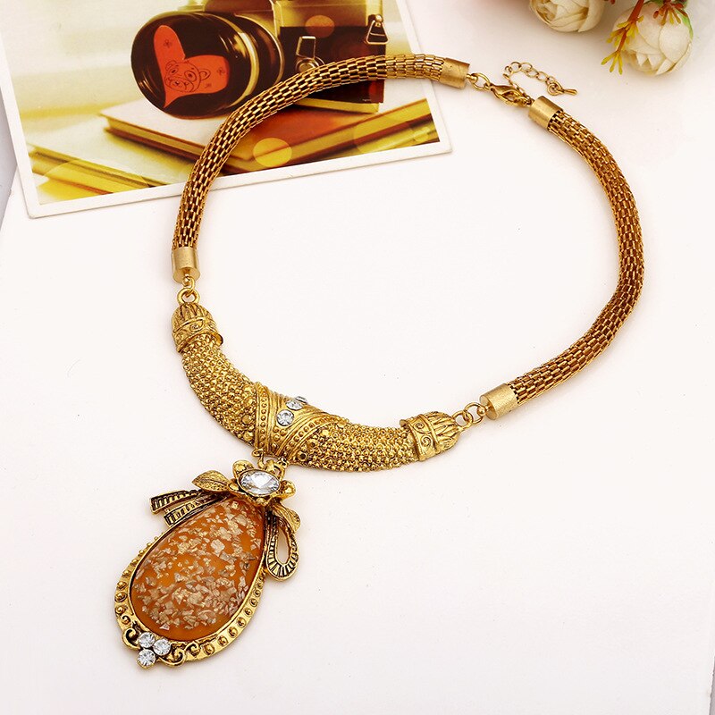 Women Orange Crystal Rhinestone Oval Pattern Pendant Necklace Bohemian Antique Jewelry Vintage Turkish Indian Ethnic Necklaces
