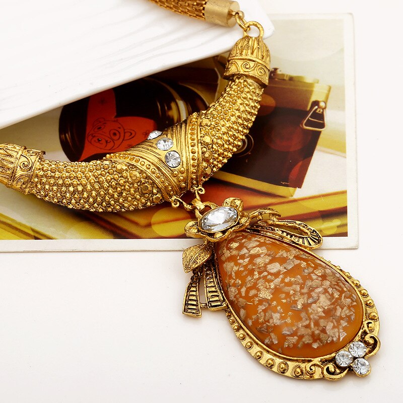 Women Orange Crystal Rhinestone Oval Pattern Pendant Necklace Bohemian Antique Jewelry Vintage Turkish Indian Ethnic Necklaces