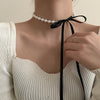 Women Pearl Bow Necklace for Wedding Elegant Girl Female Collar Velvet Bow Streamer Choker Necklace Jewelry 2021