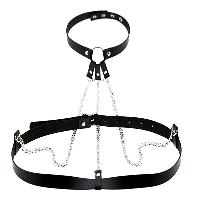 Women Punk Black Pu Leather Harness Belt Bondage Gothic Chain Body Necklace Chain Necklaces Traction Rope Jewelry Gift