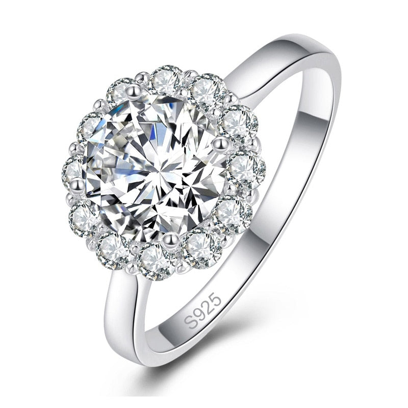 Women Romantic 925 Sterling Silver Rings 8MM Round Big Crystal White CZ Rings for Wedding Engagement S925 Fine Jewelry