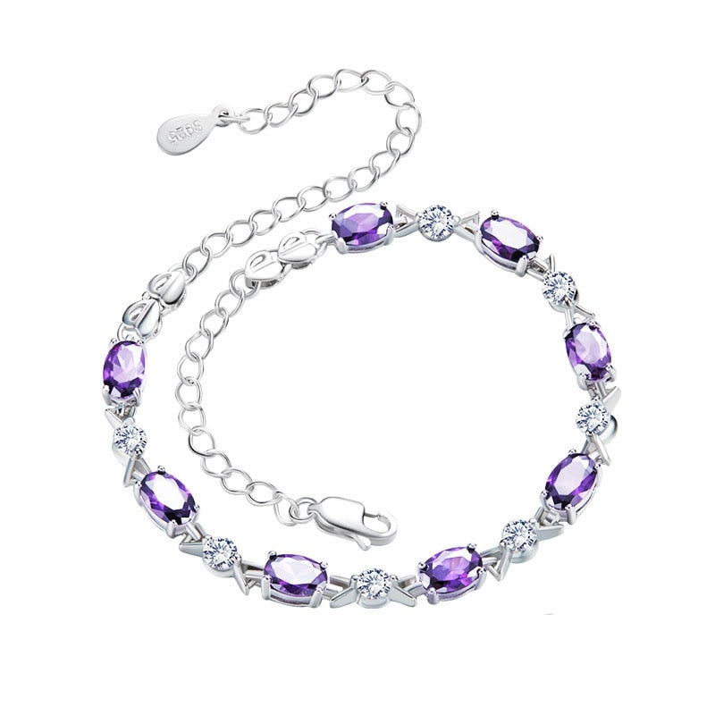 Women S925 Sterling Silver Bracelet Luxury violet Paved Option Link Chain Purple Zircon Bijoux Fashion Jewelry Wholesale