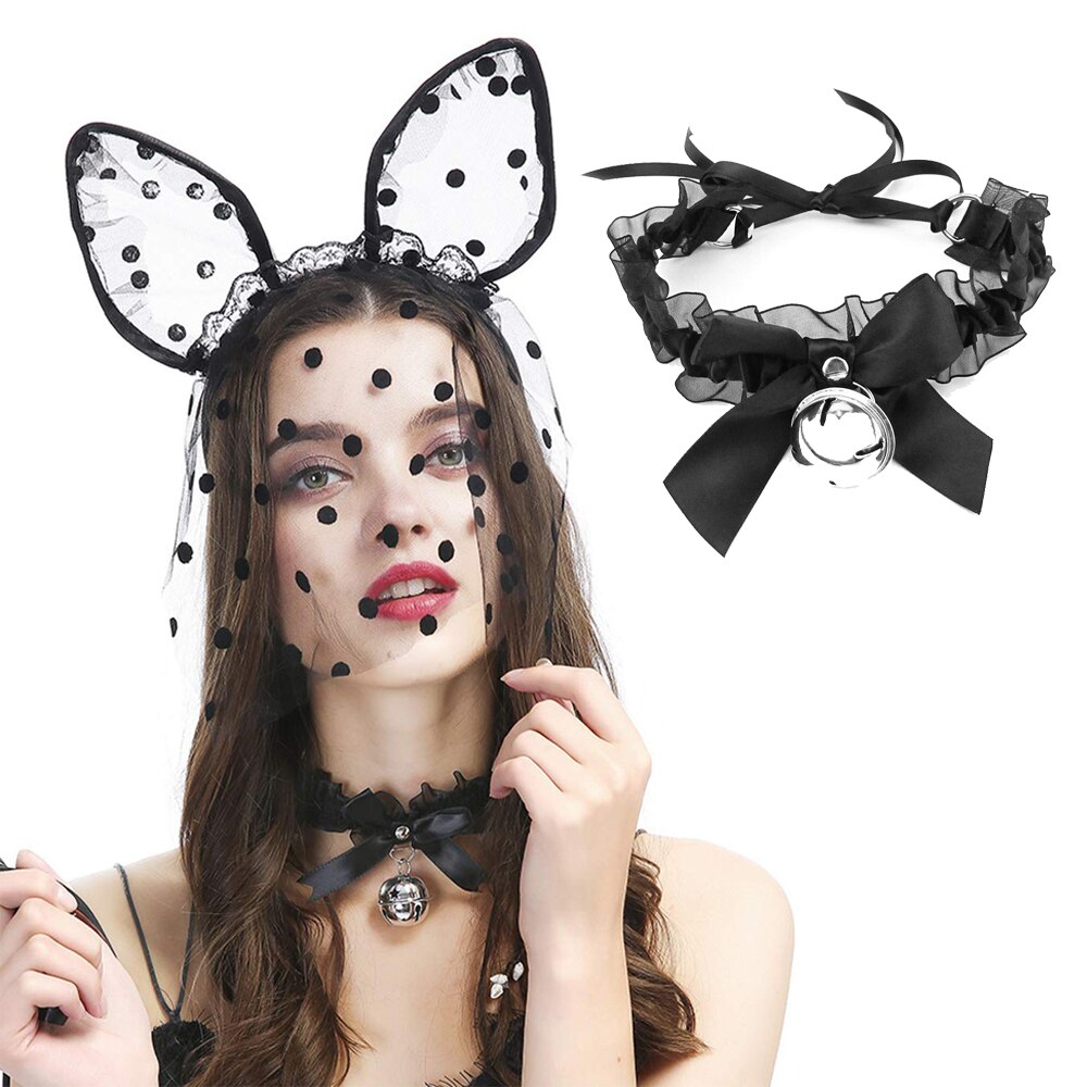 Women Sexy Bow Knot Bell Lace Collar Choker Necklace Black Bunny Girl Cosplay Jewelry Gift Female Sex Adult Flirting Toys
