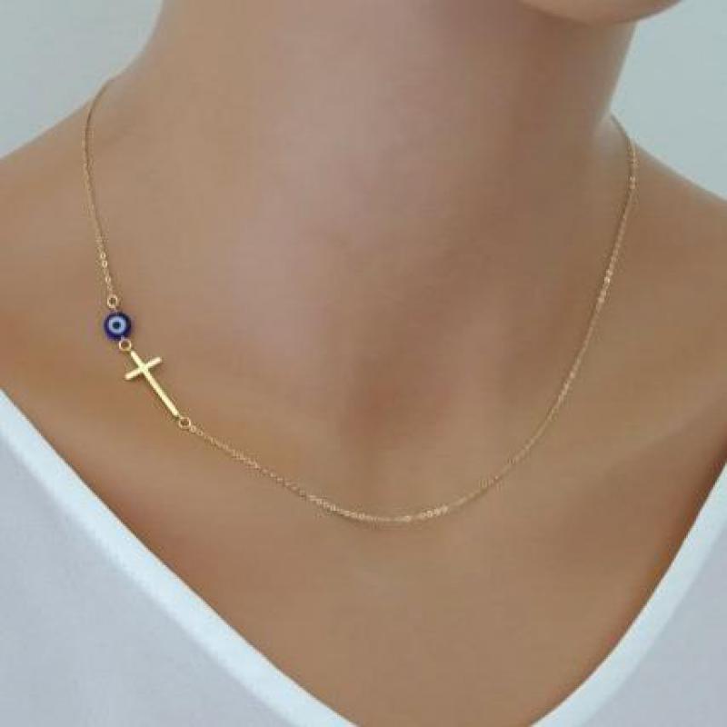 Women Sideways Gold Simple Cross Pendant Necklace Eyes Skinny Cross Celebrity Inspired Chain Necklace Bijoux Collar Jewelry