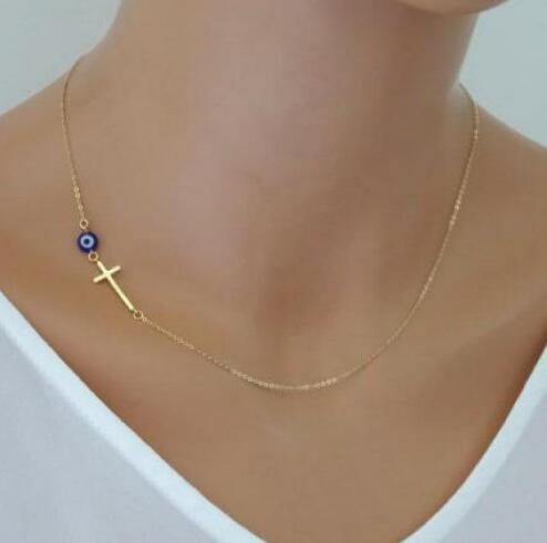 Women Sideways Gold Simple Cross Pendant Necklace Eyes Skinny Cross Celebrity Inspired Chain Necklace Bijoux Collar Jewelry