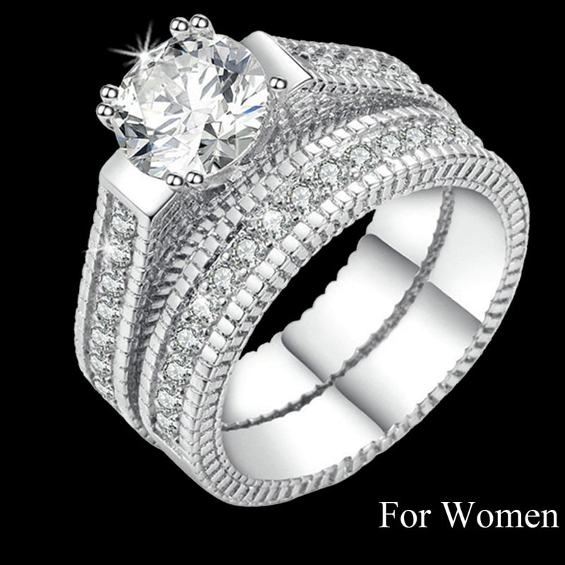 Women Silver Color Luxury 2 Rounds Cubic Zirconia Fashion Wedding Rings Sets, Men CZ 316L Stainless Steel Ring Couple Gifts