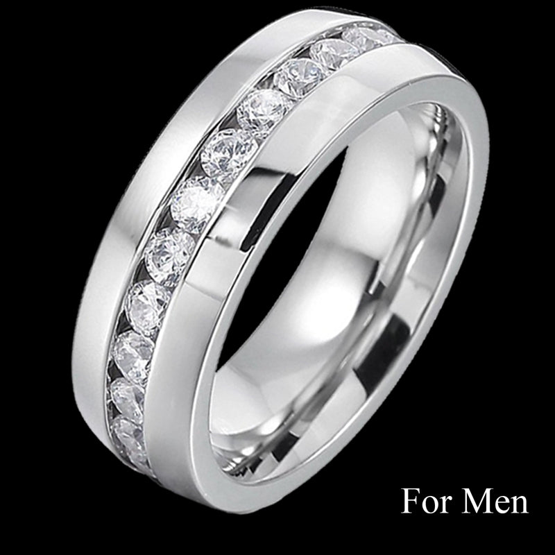 Women Silver Color Luxury 2 Rounds Cubic Zirconia Fashion Wedding Rings Sets, Men CZ 316L Stainless Steel Ring Couple Gifts