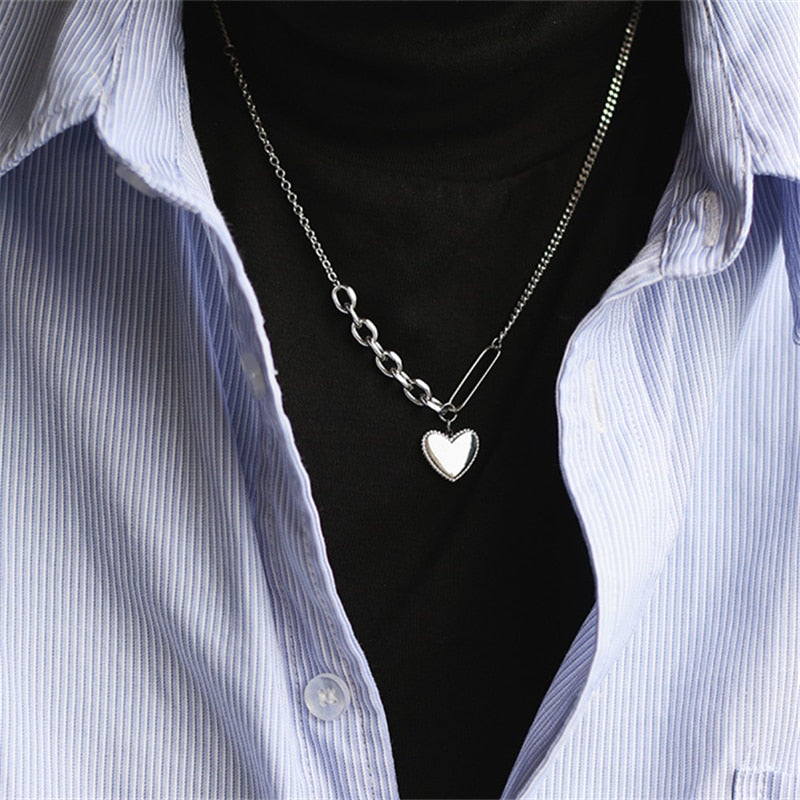 Women Silver Color Simple Love Heart Pendant Necklace Titanium steel Splicing chain Necklace Bijoux Collar Jewelry Drop shipping