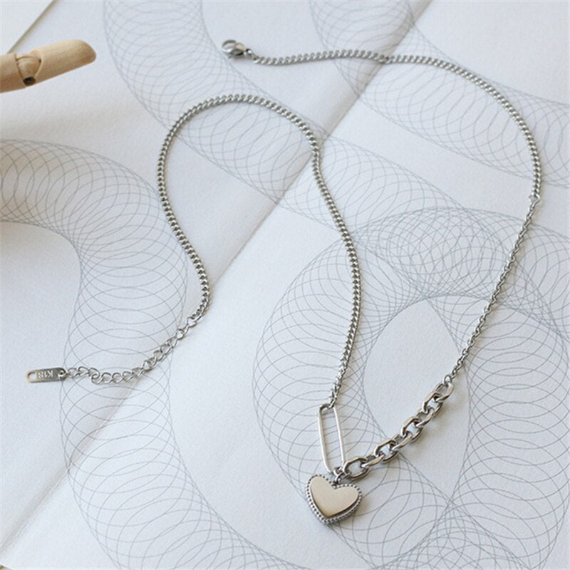 Women Silver Color Simple Love Heart Pendant Necklace Titanium steel Splicing chain Necklace Bijoux Collar Jewelry Drop shipping
