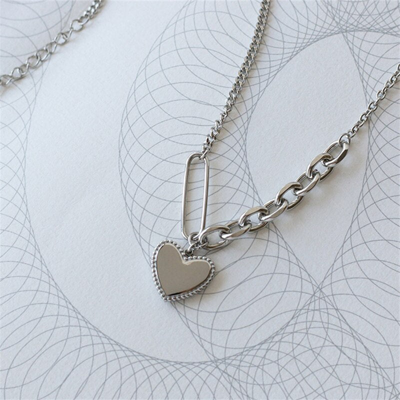 Women Silver Color Simple Love Heart Pendant Necklace Titanium steel Splicing chain Necklace Bijoux Collar Jewelry Drop shipping