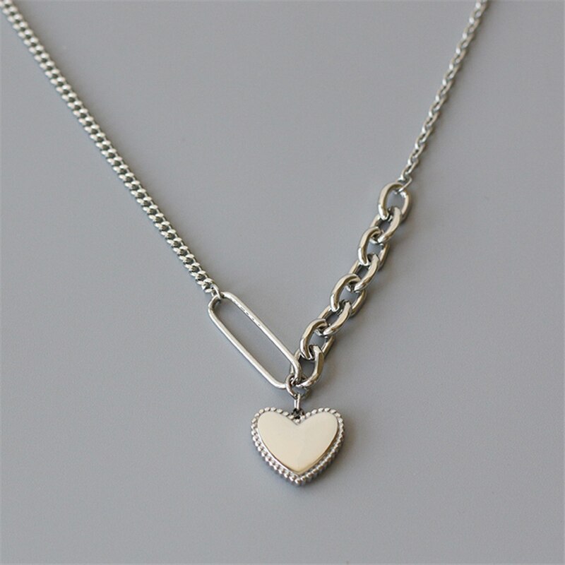 Women Silver Color Simple Love Heart Pendant Necklace Titanium steel Splicing chain Necklace Bijoux Collar Jewelry Drop shipping