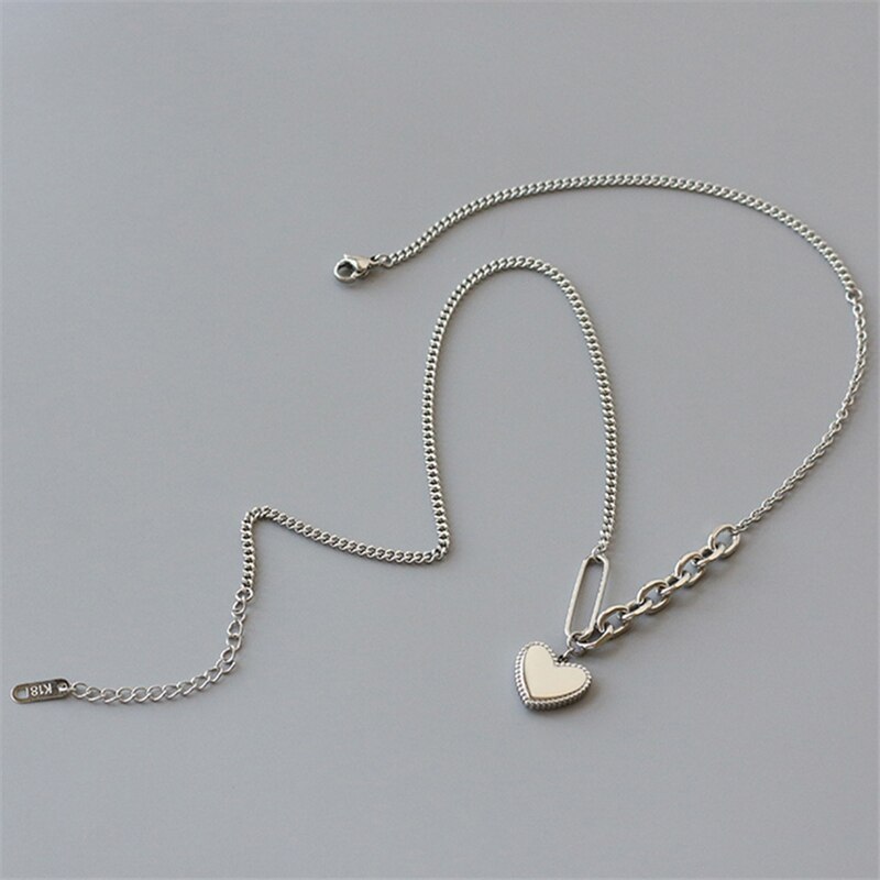 Women Silver Color Simple Love Heart Pendant Necklace Titanium steel Splicing chain Necklace Bijoux Collar Jewelry Drop shipping