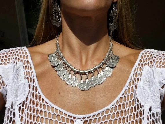 Women Stylish Vintage Silver Color Metal Boho Ethnic Statement Bib Pendant Collar Choker Coin Necklac Gypsy Tribal Gift