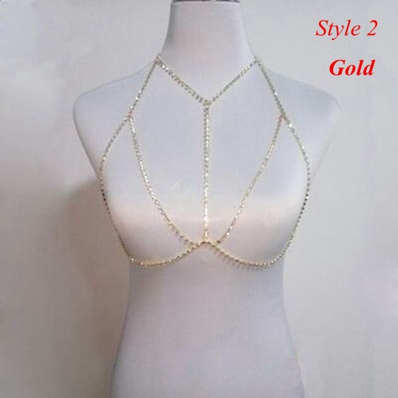 Gold Crystal Body Chain Necklace Bra Chest Gem Chains Bikini Bling