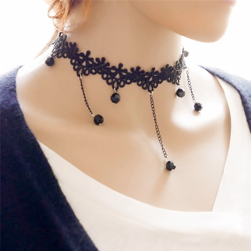 Women Vintage Lace Choker Necklace Black Water Drop Pendant Necklace For Women Ethnic Chain Jewelry Collier Femme