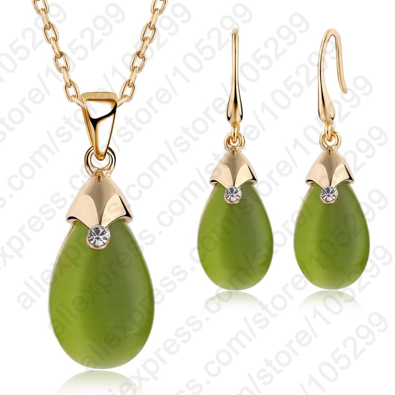 Women Wedding Party Necklace Jewelry Set Fashion Opal Yellow Gold Color Pendant Costume Bridal Accessories