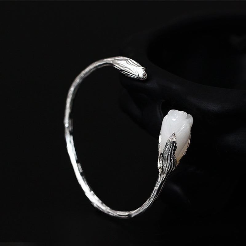 Women genuine jade bangles 925 sterling silver mosaic white jade gold color orchid design charms bangles for women jewelry gift