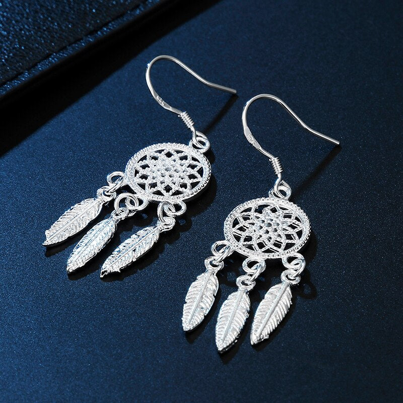 Women's 925 Stamp Silver Color Feather Hanging Earrings Hollow Circle Earring Wedding  Jewelry Christmas GaaBou