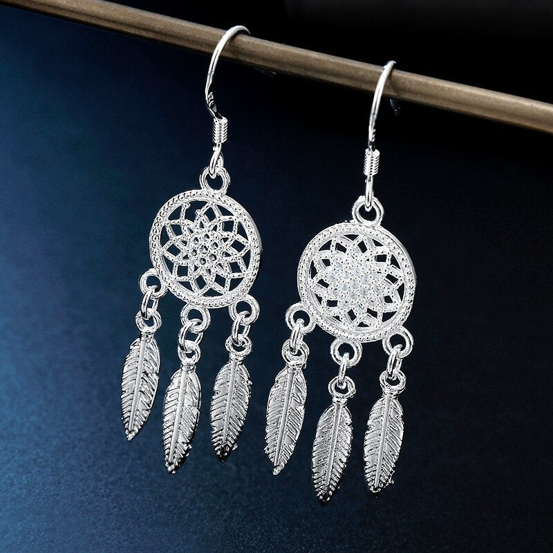 Women's 925 Stamp Silver Color Feather Hanging Earrings Hollow Circle Earring Wedding  Jewelry Christmas GaaBou