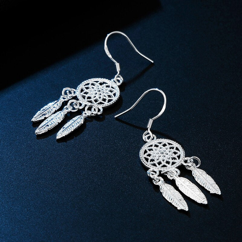 Women's 925 Stamp Silver Color Feather Hanging Earrings Hollow Circle Earring Wedding  Jewelry Christmas GaaBou