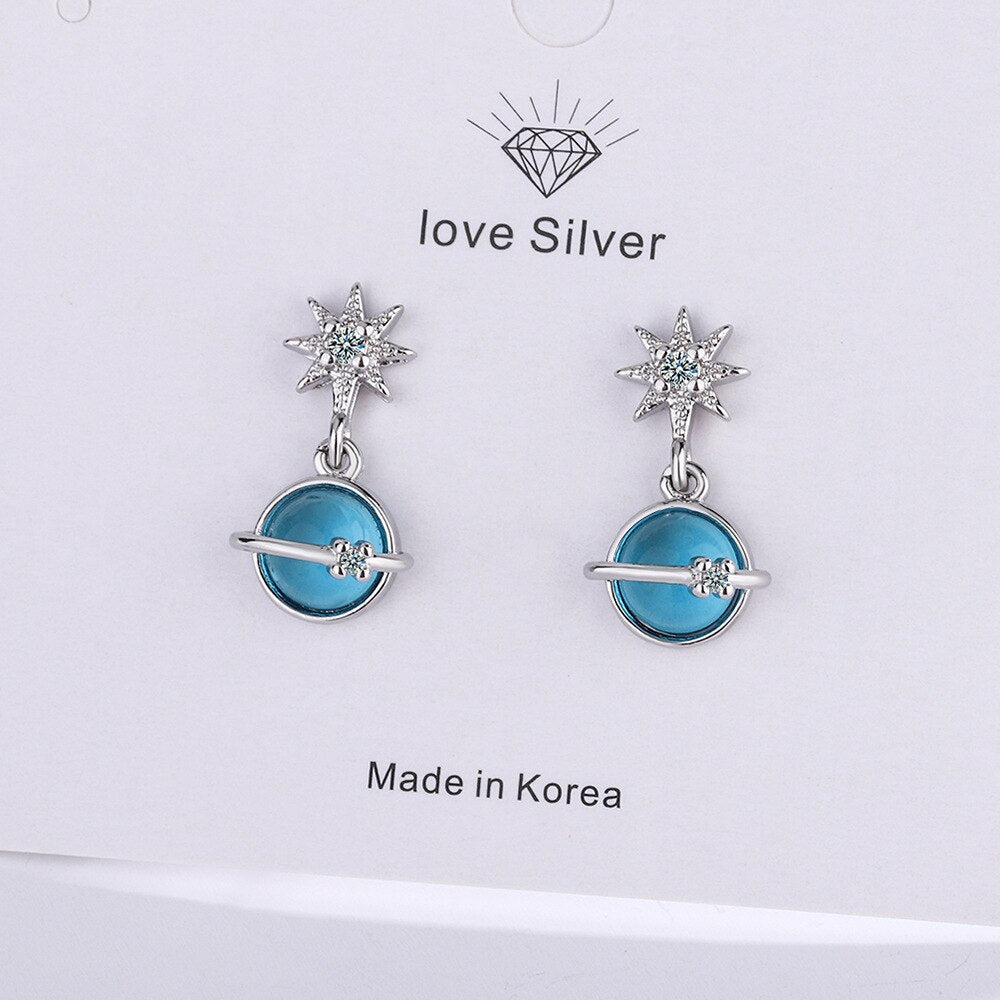 Women's 925 Stamp Silver Color Moon Star Crystal Stud Earrings Geometry Earrings Wedding Vintage  Jewelry GaaBou