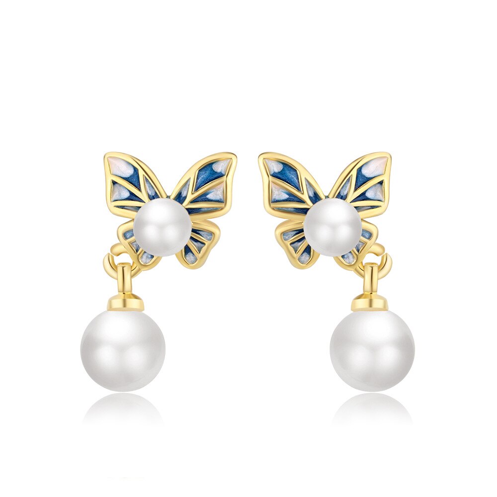 Women's 925 Stamp Silver Color Pearl Butterfly Stud Earrings Designer Earrings  Fine Jewelry Christmas GaaBou