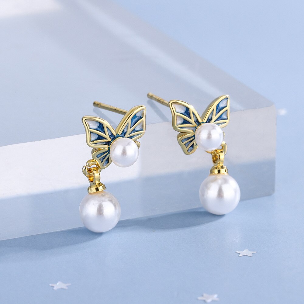 Women's 925 Stamp Silver Color Pearl Butterfly Stud Earrings Designer Earrings  Fine Jewelry Christmas GaaBou
