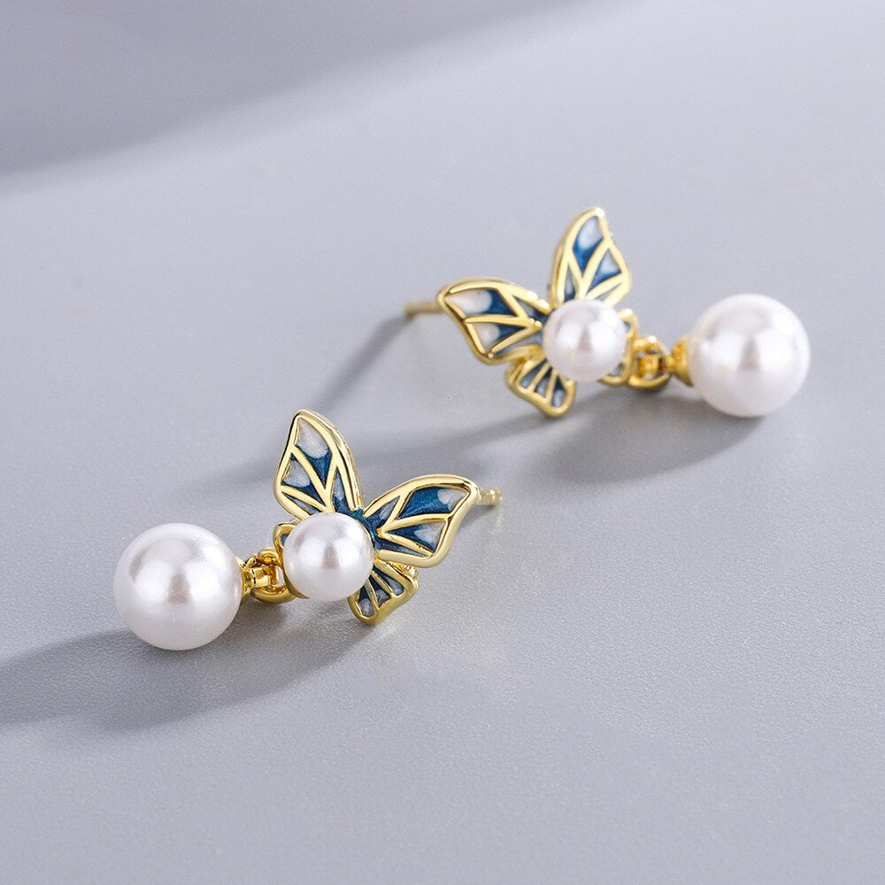 Women's 925 Stamp Silver Color Pearl Butterfly Stud Earrings Designer Earrings  Fine Jewelry Christmas GaaBou