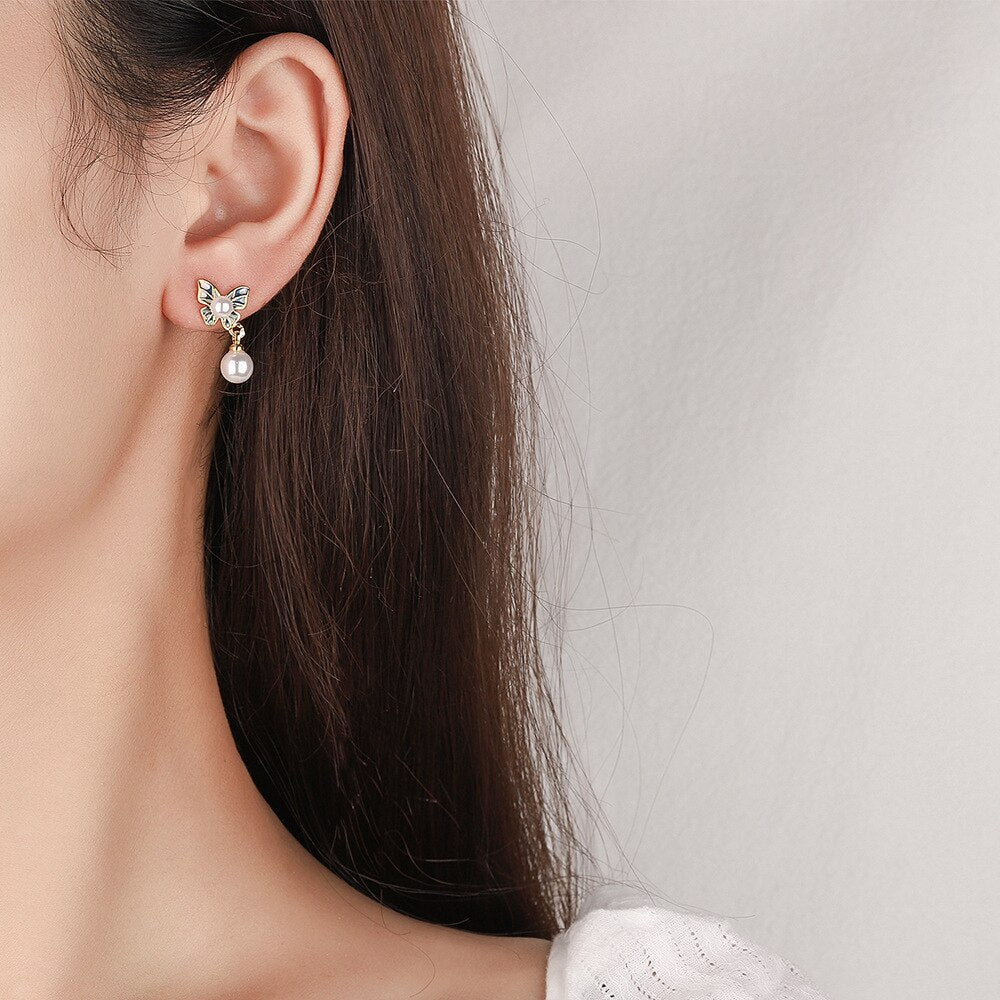 Women's 925 Stamp Silver Color Pearl Butterfly Stud Earrings Designer Earrings  Fine Jewelry Christmas GaaBou