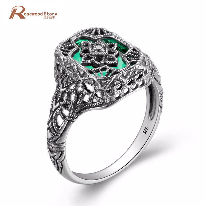 Women's 925 Sterling Silver Ring Flower Shape Green Stone Zirconia Crystal Solitaire Ring Fashion Jewelry Handmade Vintage Style