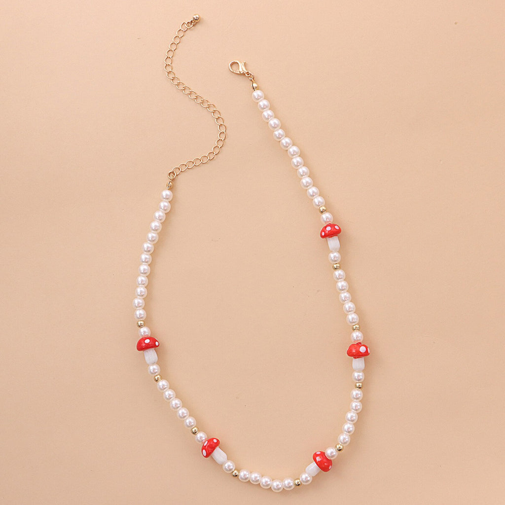 Women's Acrylic Imitation Pearl Bohemia Short Choker Chain Beaded  Boho Colorfu Mushroom Charm Collar Necklace Jewelry Femme