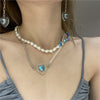 Women's Bohemia Style Acrylic Neck Chain Splicing Pearls Chokers Exquisite Heart Pendant Necklace Jewelry Inlaid with Zirconia