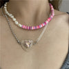 Women's Bohemia Style Acrylic Neck Chain Splicing Pearls Chokers Exquisite Heart Pendant Necklace Jewelry Inlaid with Zirconia