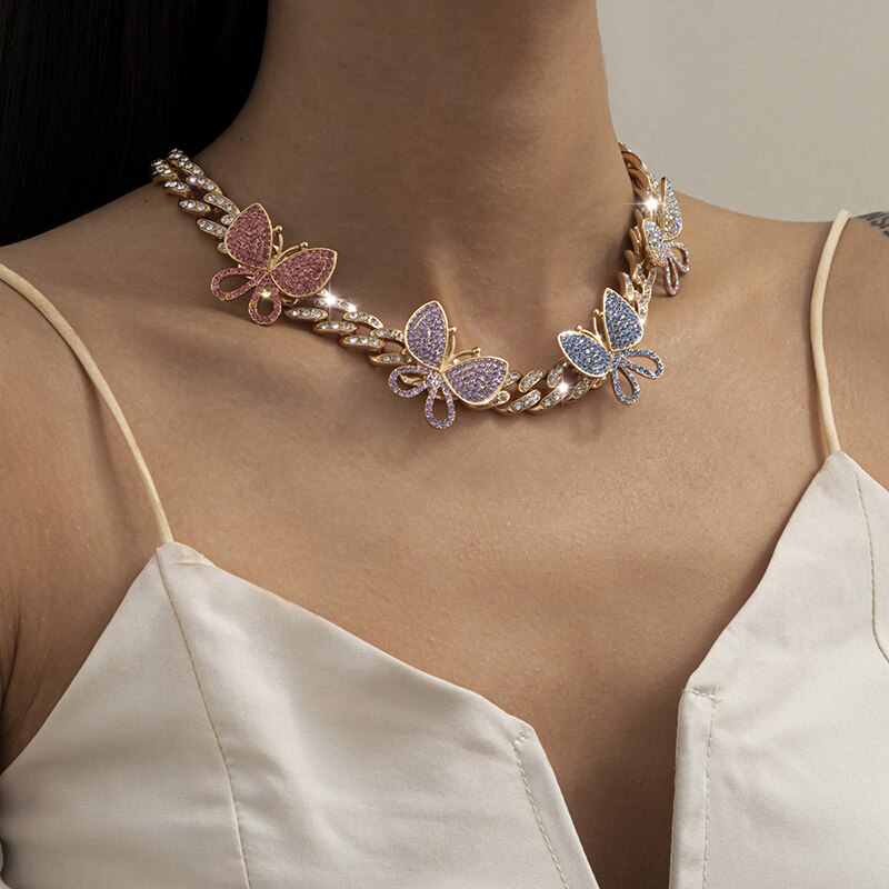 Women's Butterfly Cuban Chain Necklace Gold Silver Color Hip Hop Jewelry Necklace Bracelet Set