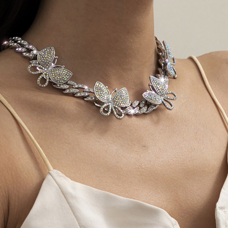 Women's Butterfly Cuban Chain Necklace Gold Silver Color Hip Hop Jewelry Necklace Bracelet Set